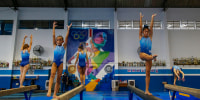 Young gymnasts train at the Bonifacio Cardoso gym in Guarulhos, Sao Paulo, Brazil on March 5, 2024.