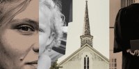 Photo illustration of Marian Ippel as an adult and young girl; next to image of a church and in image of the back of a church minister 