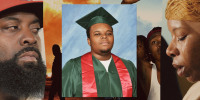 A collage of photos from the protests in Ferguson after Michael Brown was shot and killed by police; photos including his father, his mother crying, Michael Brown in a high school graduation portrait, a protestor raising his fist, and a protester near flames and smoke.