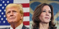 A split composite of Donald Trump and Kamala Harris.