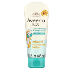 Aveeno Kids Continuous Protection Zinc Oxide Mineral Sunscreen Lotion for Children&#039;s Sensitive Skin with Broad Spectrum SPF 50, Tear-Free, Sweat- &amp; Water-Resistant, Non-Greasy, 3 fl. oz