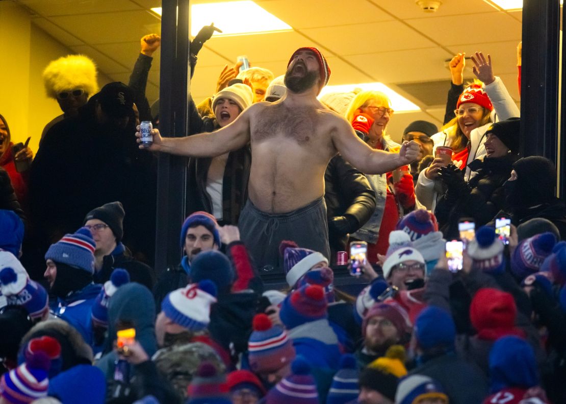 Jan 21, 2024; Orchard Park, New York, USA; Jason Kelce reacts after the Kansas City Chiefs score against the Buffalo Bills during the first half for the 2024 AFC divisional round game at Highmark Stadium.