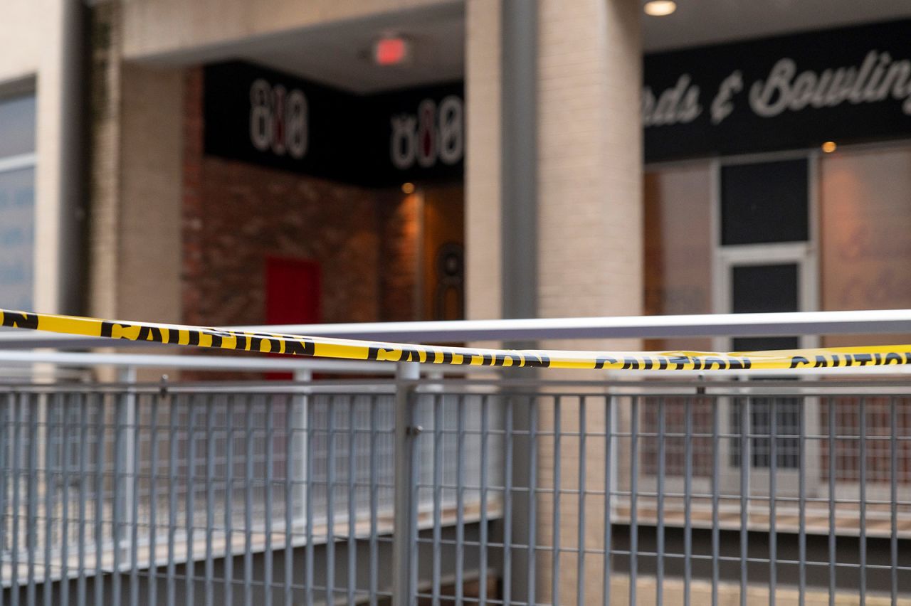 Caution tape is seen outside 810 Billiards and Bowling in Houston, Texas, where Takeoff was shot and killed on November 1. 