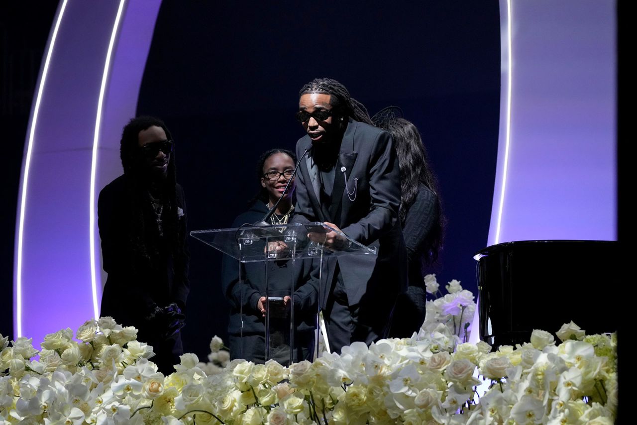 Quavo speaks at Takeoff's Celebration of Life. 