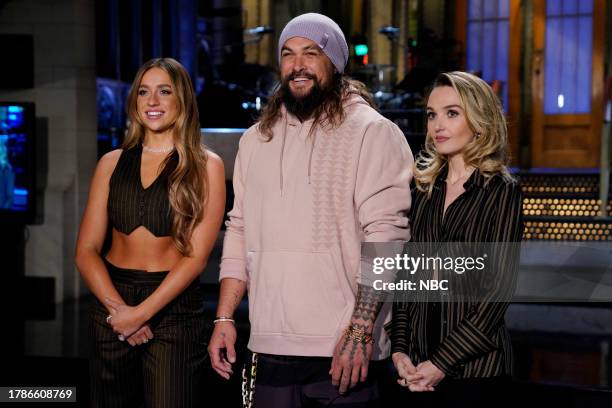 Jason Momoa, Tate McRae" Episode 1849 -- Pictured: Musical guest Tate McRae, host Jason Momoa, and Chloe Fineman during Promos in Studio 8H on...