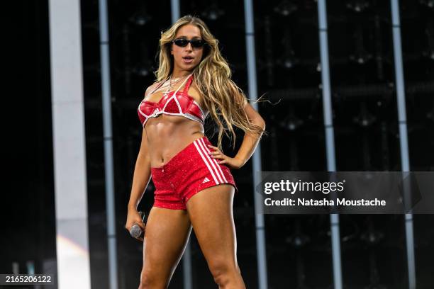 Tate McRae performs onstage during Lollapalooza at Grant Park on August 03, 2024 in Chicago, Illinois.