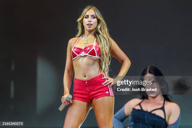 Canadian singer Tate McRae performs during Lollapalooza at Grant Park on August 03, 2024 in Chicago, Illinois.