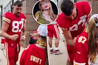 Travis Kelce adorably signs young fan’s custom Taylor Swift Chiefs jersey at training camp