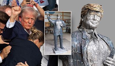 Life-size sculpture of fighting Trump made from nails unveiled at assassination attempt site