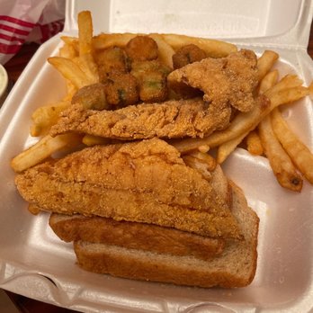 Snapper, fried okra, French fries and bread