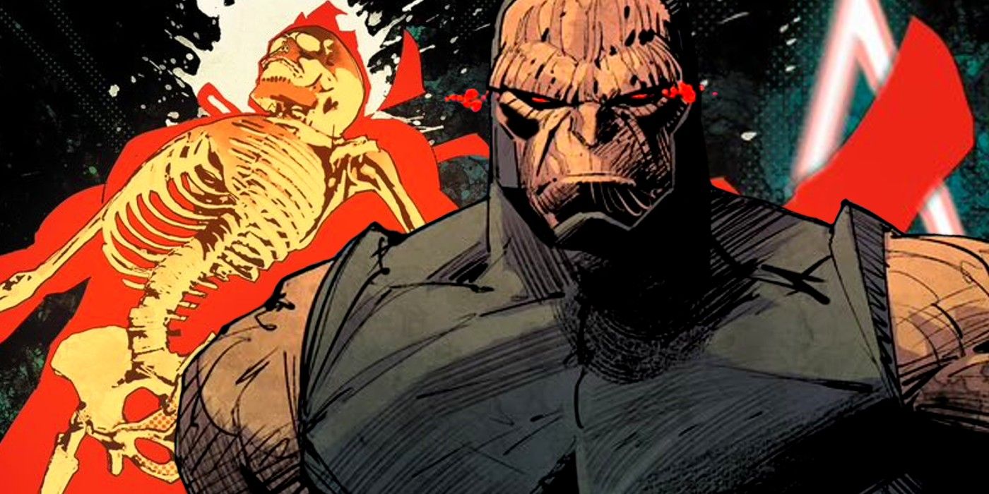 Comic book art: Darkseid in front of a burned skeleton.