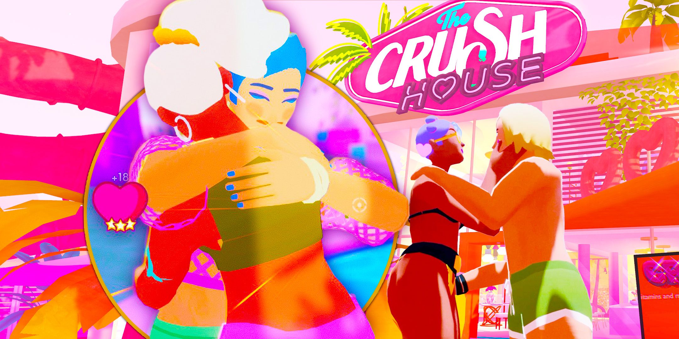 Crush House characters hugging on the left and embracing to kiss on the right with the Crush House neon sign above them.