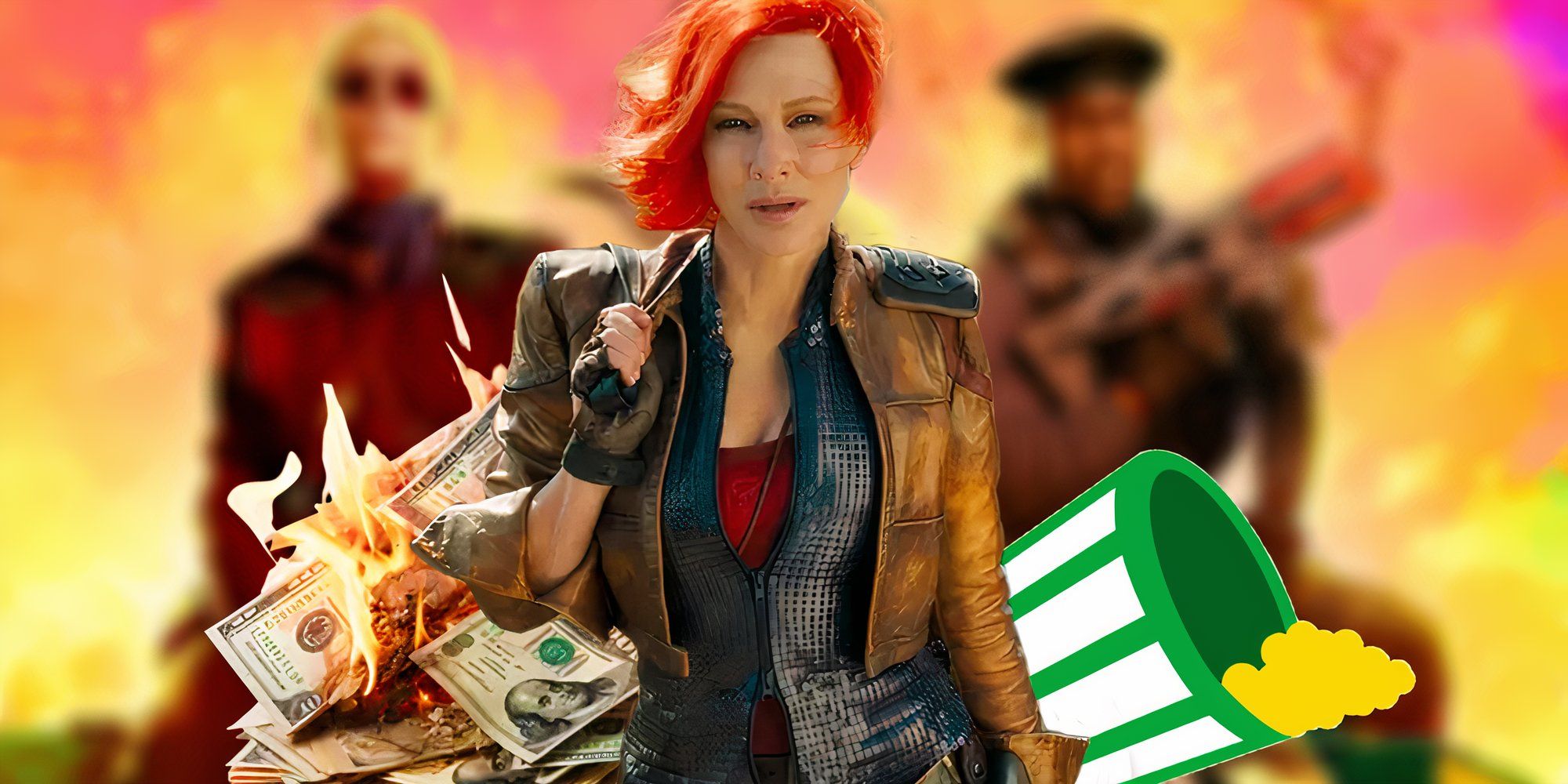 Cate Blanchett as Lilith in Borderlands (2024) above a blurred poster for the film and a burning stack of money and the rotten audience logo from Rotten Tomatoes