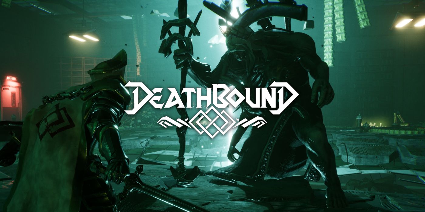 Deathbound logo set upon an encounter between Therone and the game's second boss