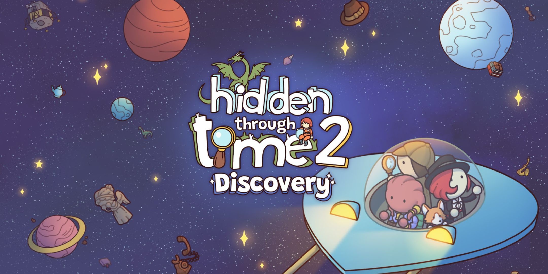 Hidden Through Time 2 Discovery cover art with a spaceship and various characters in space