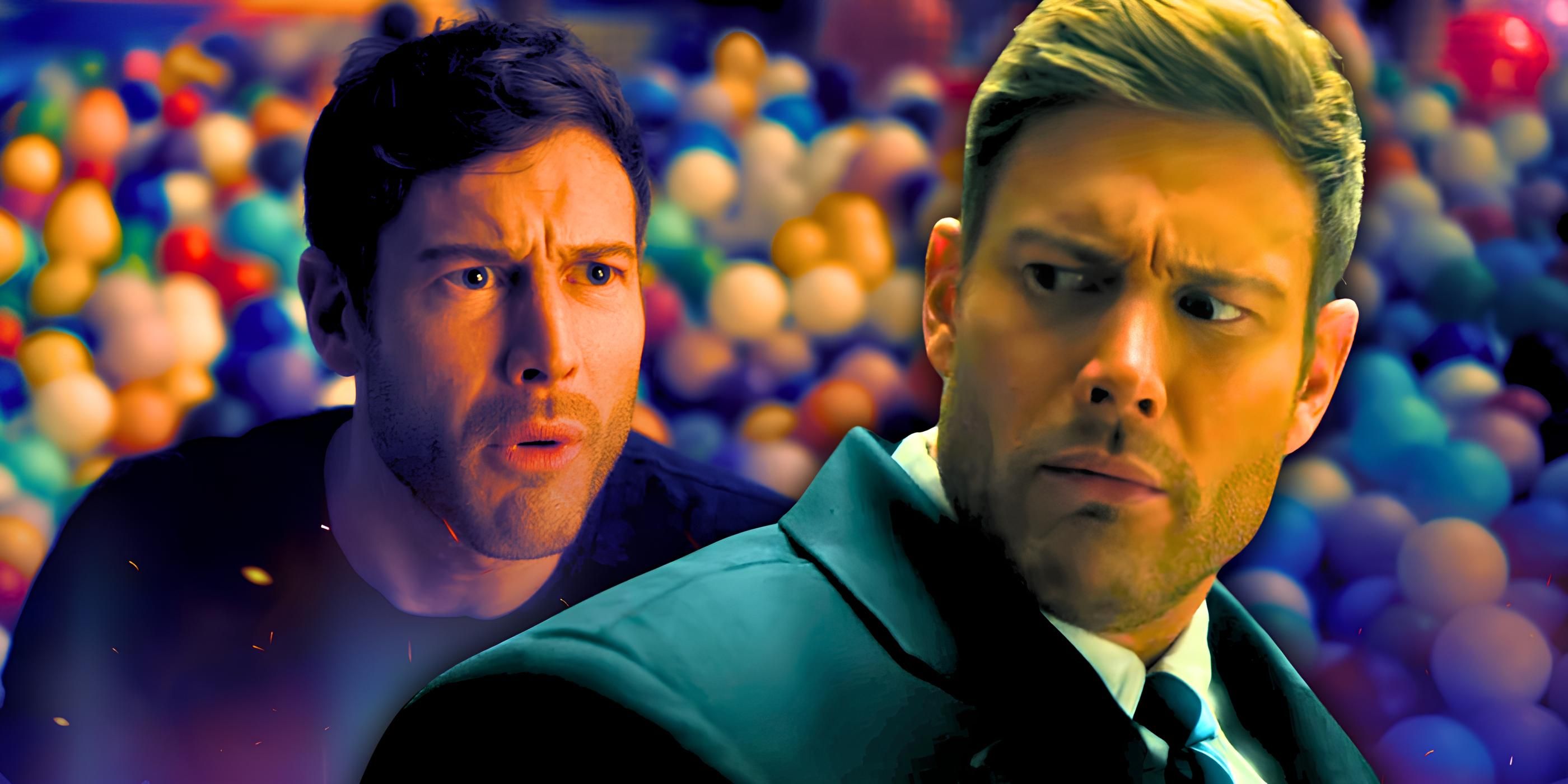 Split images of Tom Hopper as Luther looking confused in The Umbrella Academy season 4 with a ball pit background