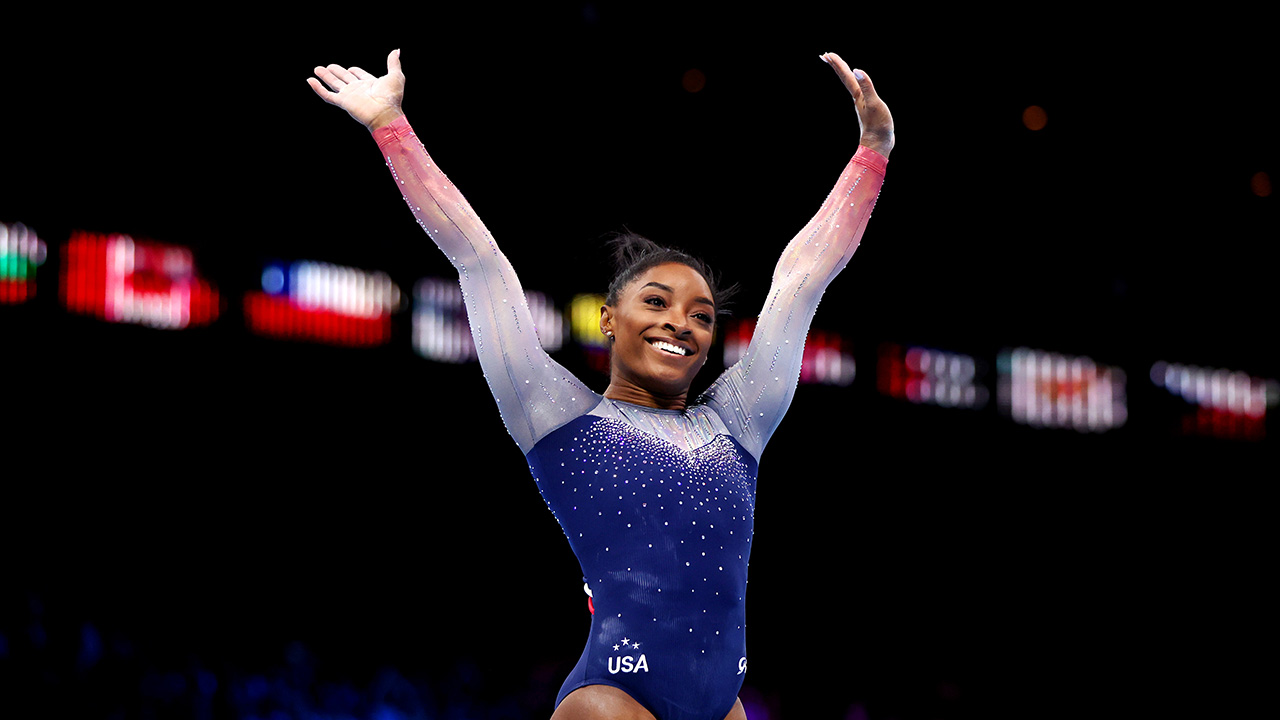 ANTWERP, BELGIUM - OCTOBER 04: Simone Biles of Team United States celebrates after her routine on Floor Exercise during the Women's Team Final on Day Five of the 2023 Artistic Gymnastics World Championships on October 04, 2023 in Antwerp, Belgium.