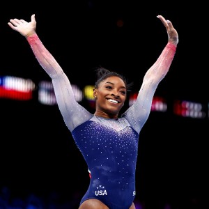 ANTWERP, BELGIUM - OCTOBER 04: Simone Biles of Team United States celebrates after her routine on Floor Exercise during the Women's Team Final on Day Five of the 2023 Artistic Gymnastics World Championships on October 04, 2023 in Antwerp, Belgium.