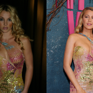 Britney Spears and Blake Lively wearing the Versace dress in 2002 and 2024.